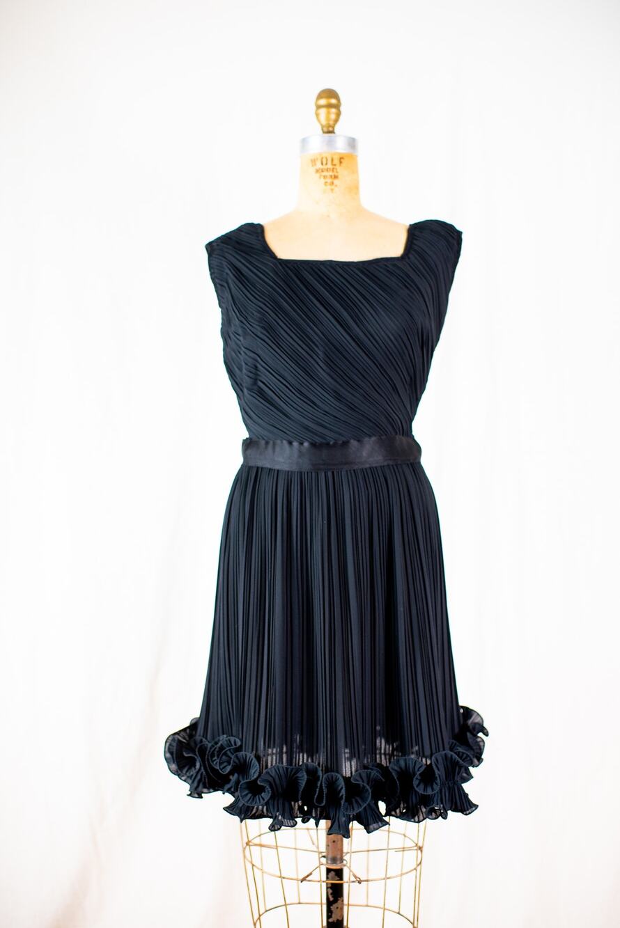 Vintage 60s Black Chiffon Cocktail Mini Dress, Ruffled Hem, Retro Party Frock, S